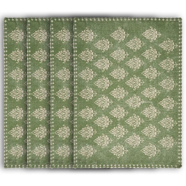 Unbranded Fairytale 19 in. x 13 in. Damask Green Motif Bordered Cotton Placemats (Set of 4)