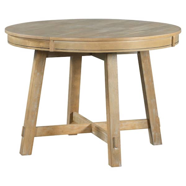 Unbranded 58 in. Round Natural Wood Wash Wood Top with 16" Leaf Wood Dining Table