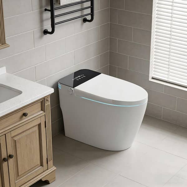 Elongated Smart Bidet Toilet 1.28 GPF in Black with Heated Seat, Adjustable Temp, Warm Water Wash, and Dryer