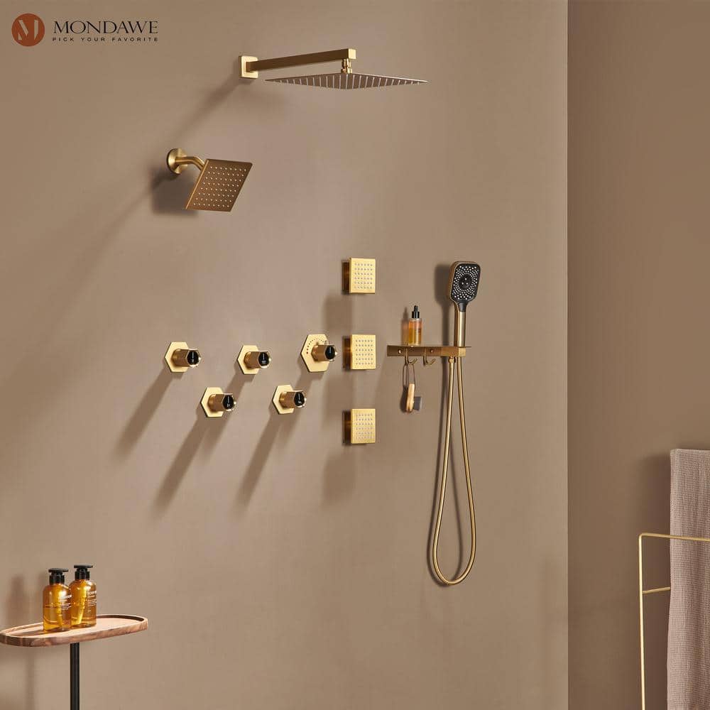 Brushed Gold Dual Square Wall Mounted Shower System