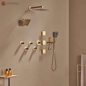 4 Spray 2.5 GPM 12 in. Wall Mounted Rainfall Dual Shower Heads with Handheld and Body Jets in Brushed Gold
