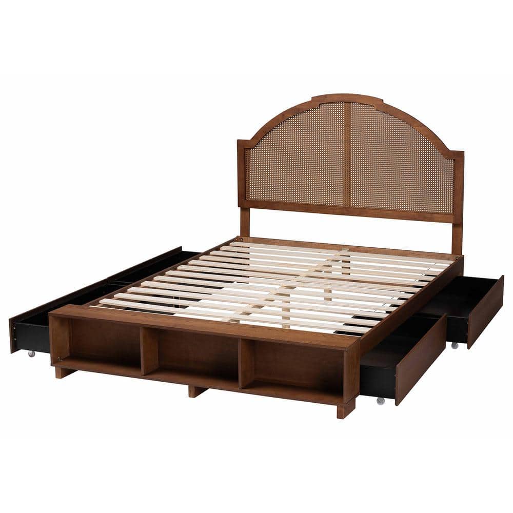 Walnut Brown Queen Bed with Rattan Headboard and Storage Drawers