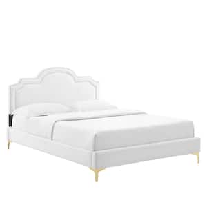 Aviana White Performance Velvet Frame King Platform Bed with Gold Metal Legs with Foot Caps