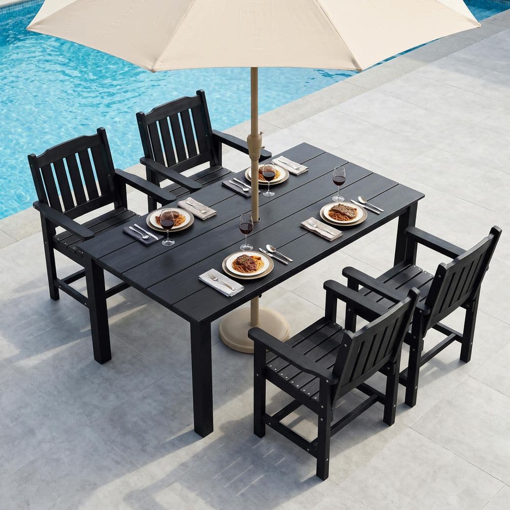 5-Piece HIPS Poly Lumber Outdoor Dining Set, 70.9 in. Table with Umbrella Hole and 4 Slat Back Chairs, Black