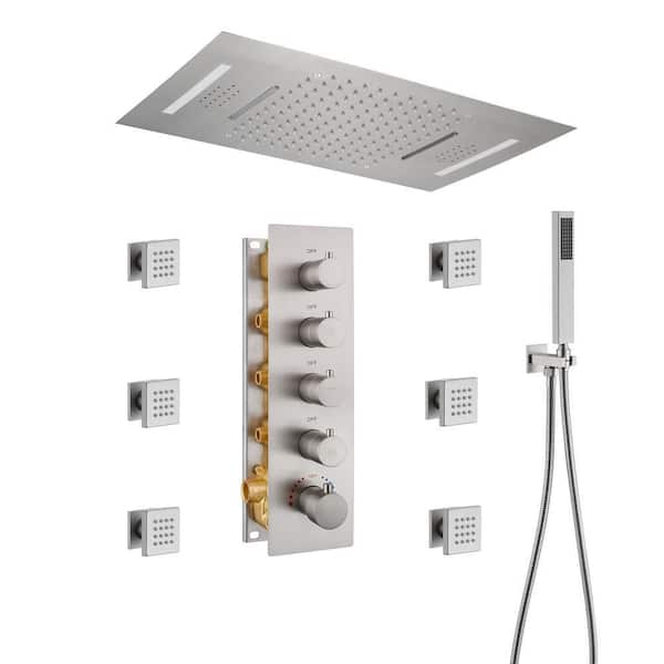 Mondawe 4-Spray Patterns Luxury 15x23 in. Ceiling Mount Rainfall Dual Shower Heads with 6-Jet, LED and Music in Brushed Nickel