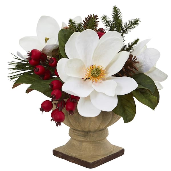 Nearly Natural 15 in. Magnolia, Pine and Berries Artificial Arrangement