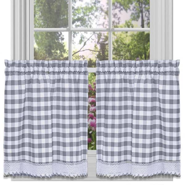 ACHIM Buffalo Check Grey Polyester/Cotton Light Filtering Rod Pocket Curtain Tier Pair 58 in. W x 24 in. L