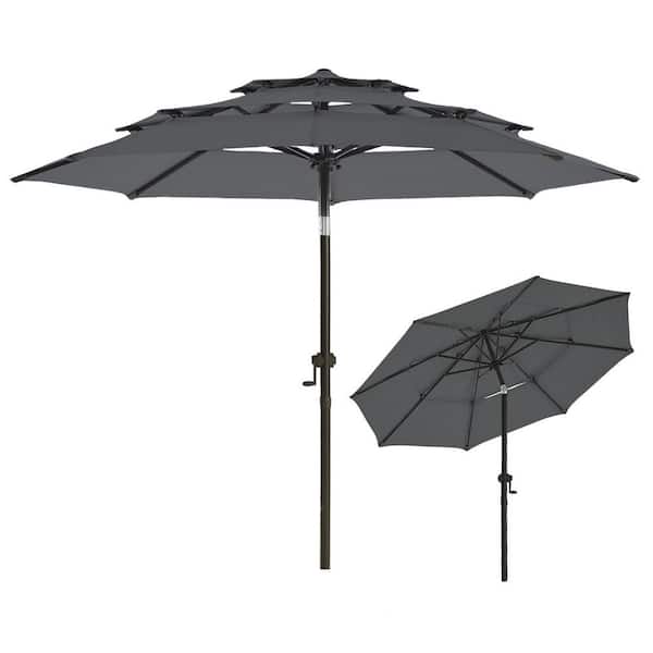PASAMIC 9 ft. 3-Tiers Aluminum Market Umbrella Outdoor Patio Umbrella with Push Button Tilt And Fade Resistant in Dark Grey