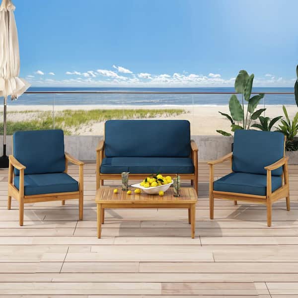 Noble House Willowbrook Teak Brown 4-Piece Wood Outdoor Patio Conversation Seating Set with Dark Teal Cushions