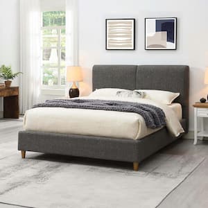 Katie Gray Wood Frame King Platform Bed with Padded Headboard and Round Tapered Wood Legs