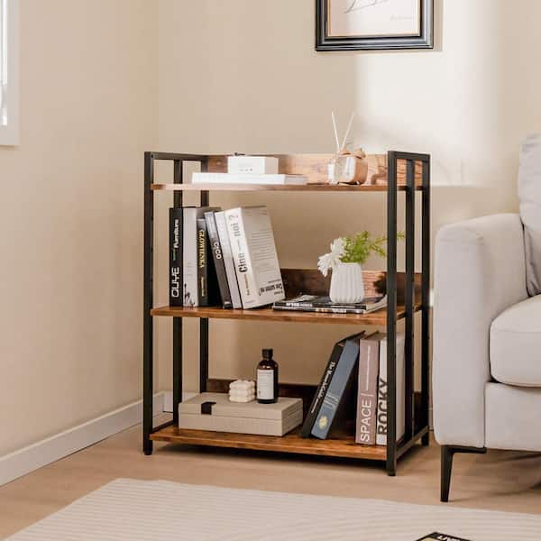 Costway 32 in. Tall Rustic Brown Wood 3-Tier Industrial Metal Frame Corner Bookcase with Adjustable Shelves