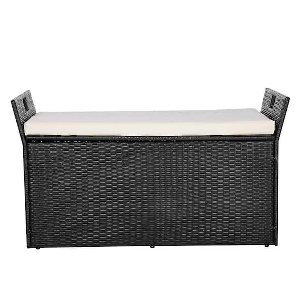 90 Gal. Deck Box with Cushion & Handles, 2-Person PE Rattan Storage Bench, Supports 800 lbs., Weatherproof
