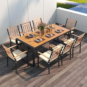 9-Piece Metal Outdoor Dining Set with Beige Cushions and 1.9 in. Umbrella Hole