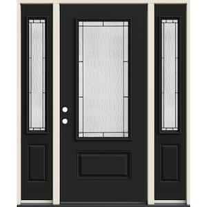 60 in. x 80 in. Right-Hand 3/4 Lite Decorative Glass Wendover Black Fiberglass Prehung Front Door w/Sidelites
