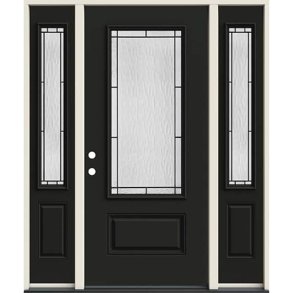 JELD-WEN 60 in. x 80 in. Right-Hand 3/4 Lite Decorative Glass Wendover Black Fiberglass Prehung Front Door w/Sidelites