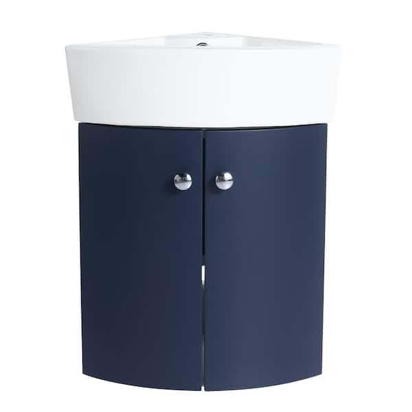 12.8 in. W x 12.8 in. D x 22.8 in. H Dark Blue Wall Mounted Corner Single Bathroom Vanity With Ceramic Vanity Top