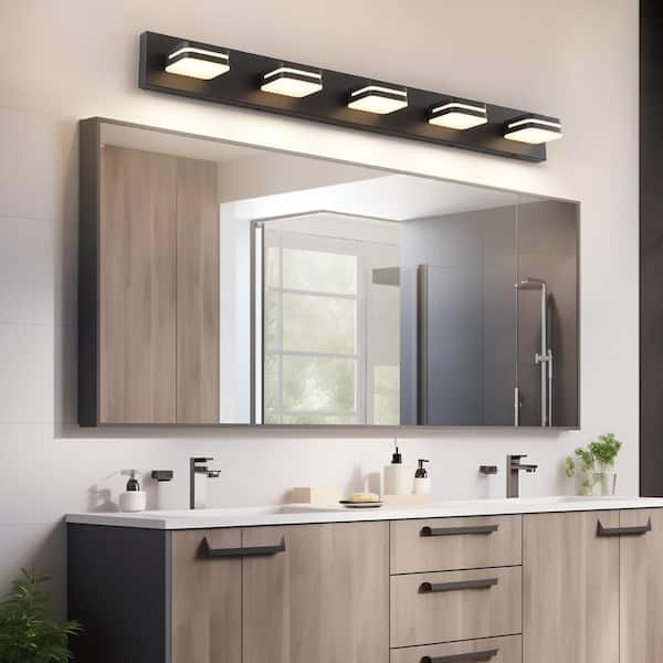 JUSHENG 40.55 in. 5 Light Black Bathroom LED Vanity Light with 5