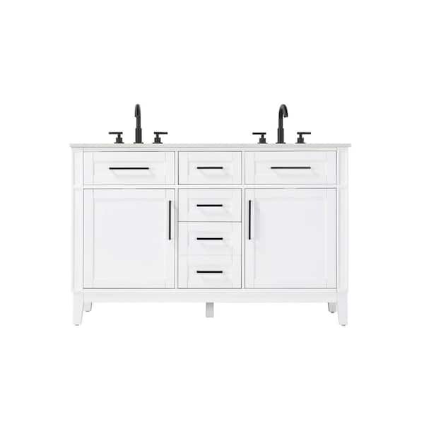 54 in. Double Sink Freestanding White Bath Vanity with Marble White Engineered Marble Top