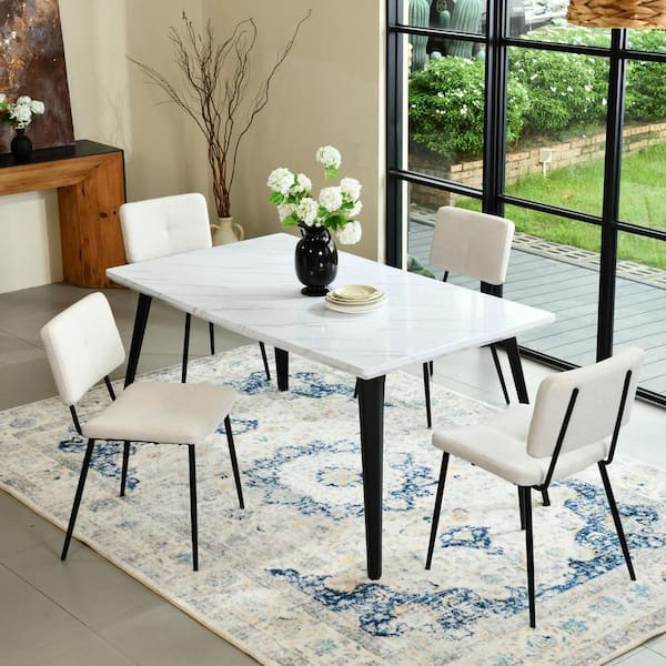POMONA Upholstered Cream Fabric Dining Chairs with Black Metal Legs, Curved Back, for Kitchen and Dining Room (Set of 4)
