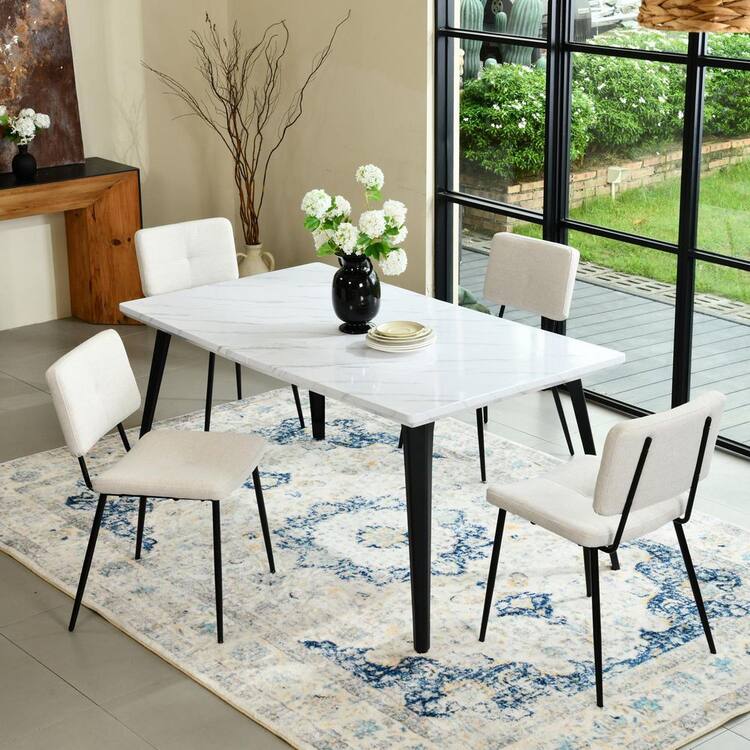 Homy Casa POMONA Upholstered Cream Fabric Dining Chairs with Black Metal Legs, Curved Back, for Kitchen and Dining Room (Set of 4)