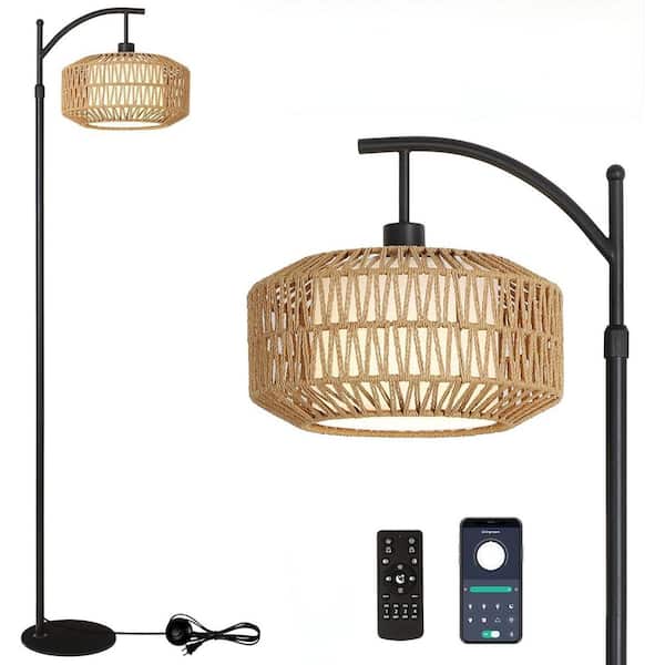 Jushua 72.8 in. Black Boho Floor Lamps with Rattan Shades, Dimmable LED Bulb, Modern Arc Floor Lamp with 3 Color Temperatures