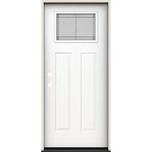 36 in. x 80 in. Right-Hand Craftsman Ballantyne Decorative Glass Modern White Steel Prehung Front Door