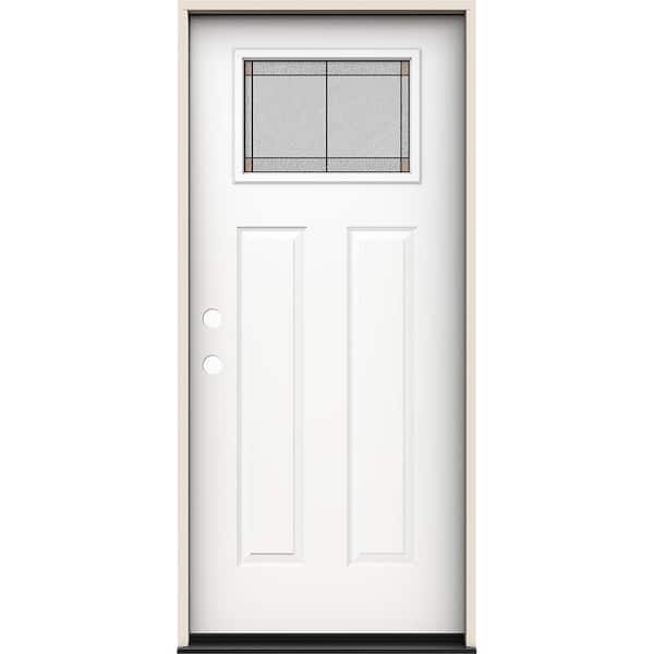 36 in. x 80 in. Right-Hand Craftsman Ballantyne Decorative Glass Modern White Steel Prehung Front Door