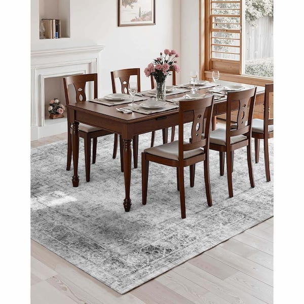 SKYSHALO 9 ft.x 12 ft. Gray, Large Washable Boho Rug, Tear