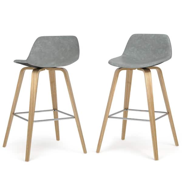 Simpli Home Randolph Mid Century Modern 26 in. Bentwood Counter Height Stool (Set of 2) in Stone Grey PU faux leather
