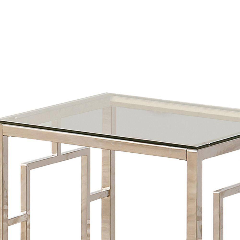 Contemporary Silver Metal End Table with Tempered Glass Top