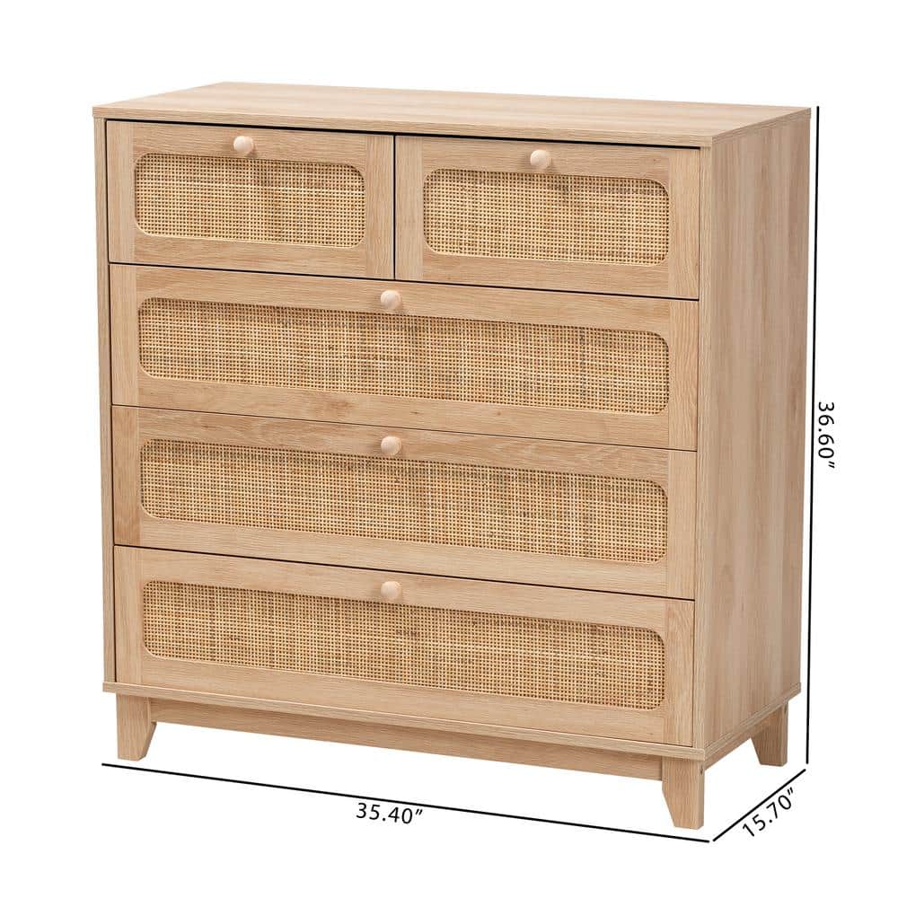 Elsbeth Oak Brown Wood and Natural Rattan 5-Drawer Storage Cabinet