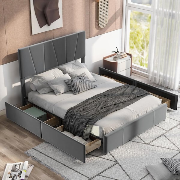 Nestfair Gray Wood Frame Queen Size Upholstery Platform Bed with 4 ...