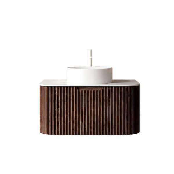 JimsMaison 30 in. W x 19 in. D x 20 in. H Wall-Mounted Bath Vanity in Walnut with White Ceramic Top