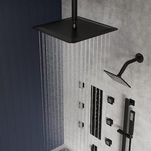 Thermostatic Valve 15-Spray 16 and 6 in. Ceiling Mount Dual Shower Head and Handheld Shower 2.5 GPM in Matte Black