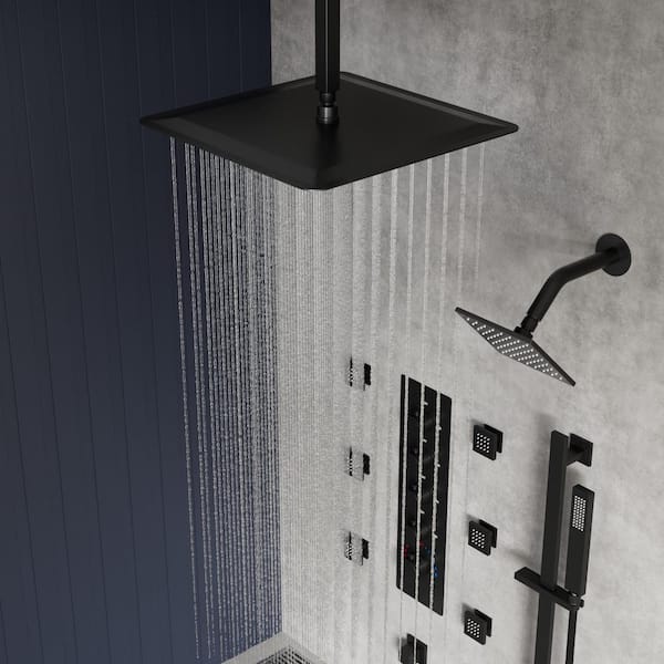 Thermostatic Valve 15-Spray 16 and 6 in. Ceiling Mount Dual Shower Head and Handheld Shower in Matte Black