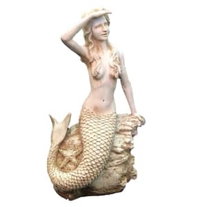 22 in. Antique White Classic Mermaid Sitting on Coastal Rock Looking Out to Sea Beach Nautical Statue