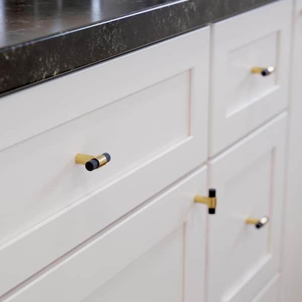 (10-Pack) Fluted 1-1/4 in. (32 mm) Modern Matte Black and Modern Gold T-Shaped Bar Cabinet Knobs
