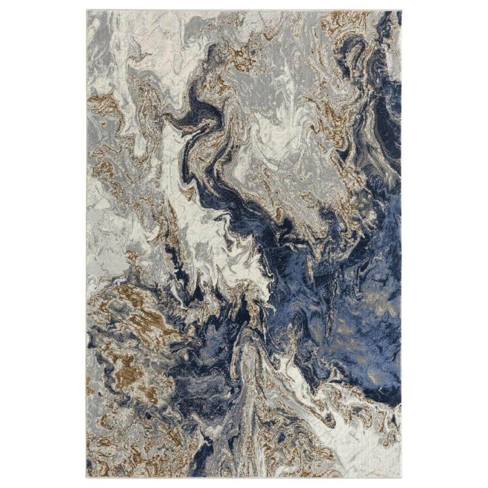 Luxe Weavers Marble Swirl Collection Blue Abstract 2x7 Runner Area Rug Gold (2 1  x 7 5 )