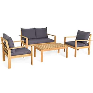 4-Piece Wood Outdoor Patio Conversation Sofa Set with Gray Cushions