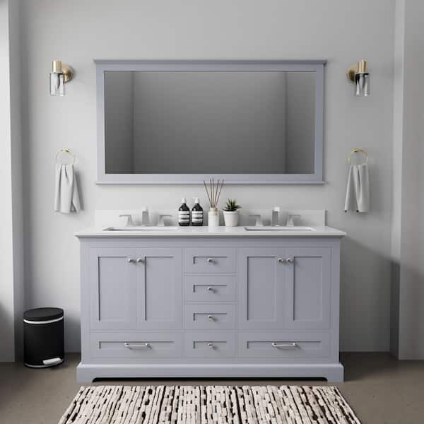 Lexora Dukes 60 in. W x 22 in. D Dark Grey Double Bath Vanity, White Quartz Top, Faucet Set, and 58 in. Mirror
