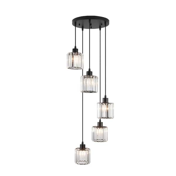 5-Light Black Modern Crystal Chandelier for Kitchen Island with No Bulbs Included