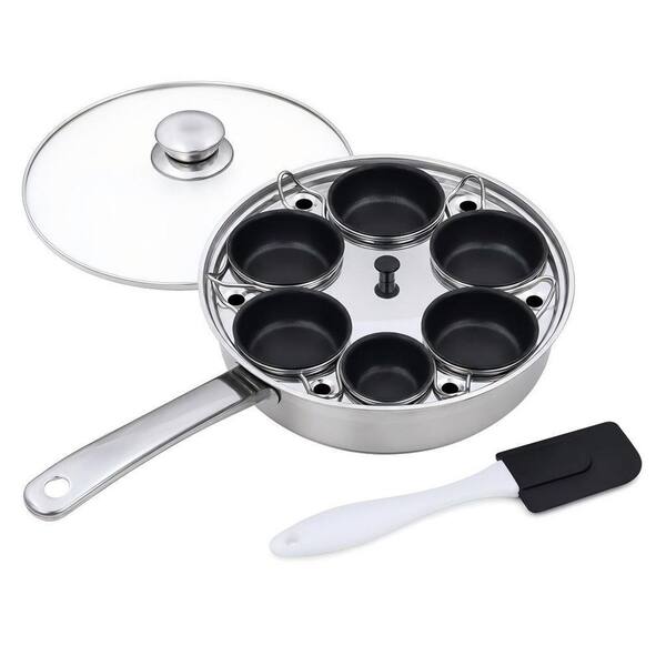 6-Cup Stainless Steel Egg Poacher Pan with Silicone Spatula, Induction Cooktop Egg Poachers Cookware Set