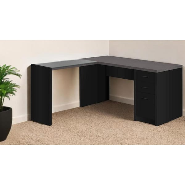 HomeRoots 55.25 in. L-Shaped Gray Engineered Wood 3-Drawer Computer Desks