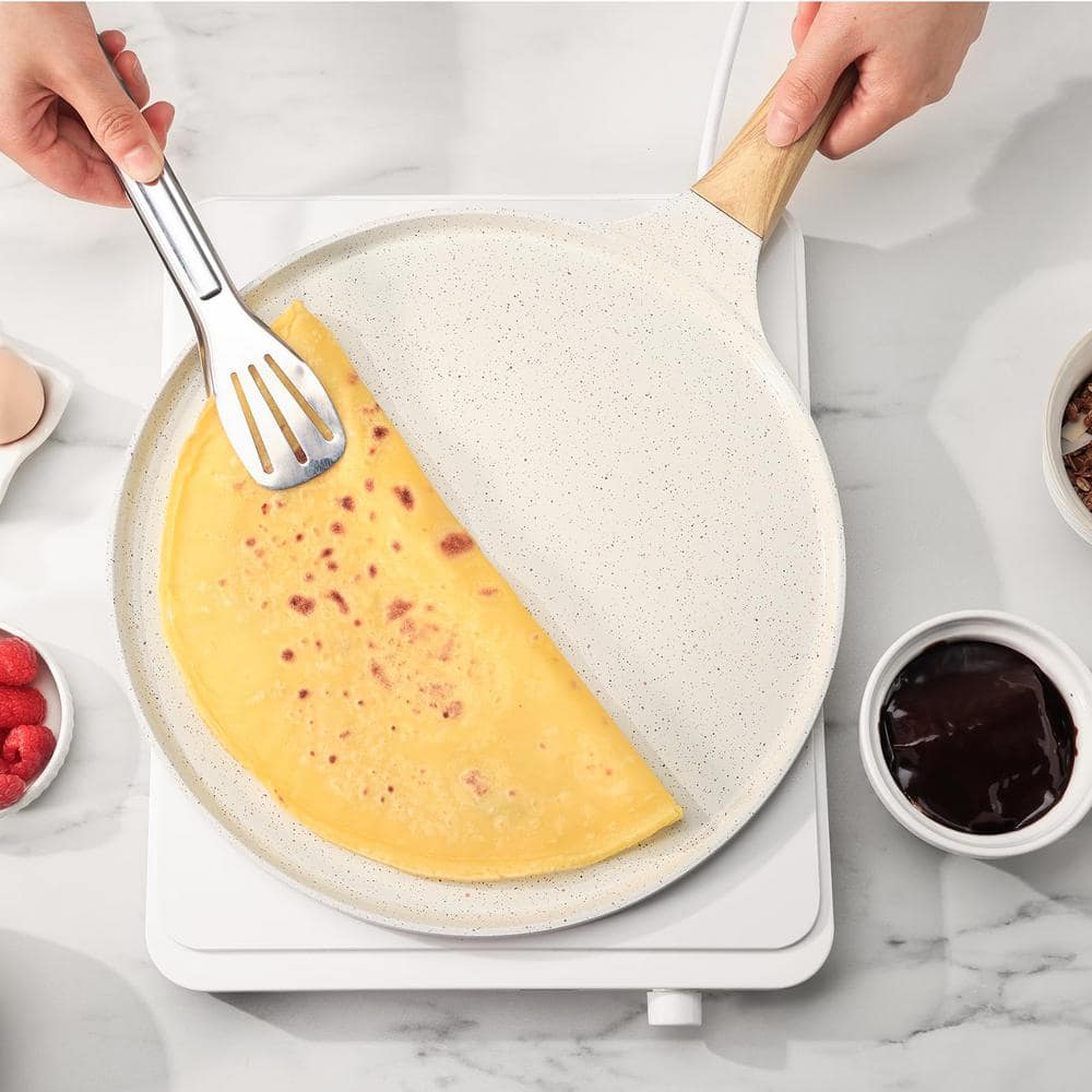 10-Inch White Ceramic Nonstick Crepe Pan with Wooden Handle and Spreader