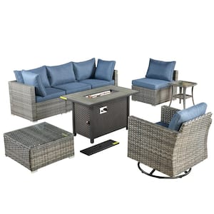 Sanibel Gray 8-Piece Wicker Outdoor Patio Conversation Sofa Sectional Set with a Metal Fire Pit and Denim Blue Cushions