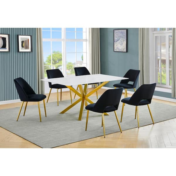 Best Quality Furniture Riley 7-Piece White Marble Wrap Glass Top Cross Leg Base Dining Set with 6 Black Velvet Fabric Chairs