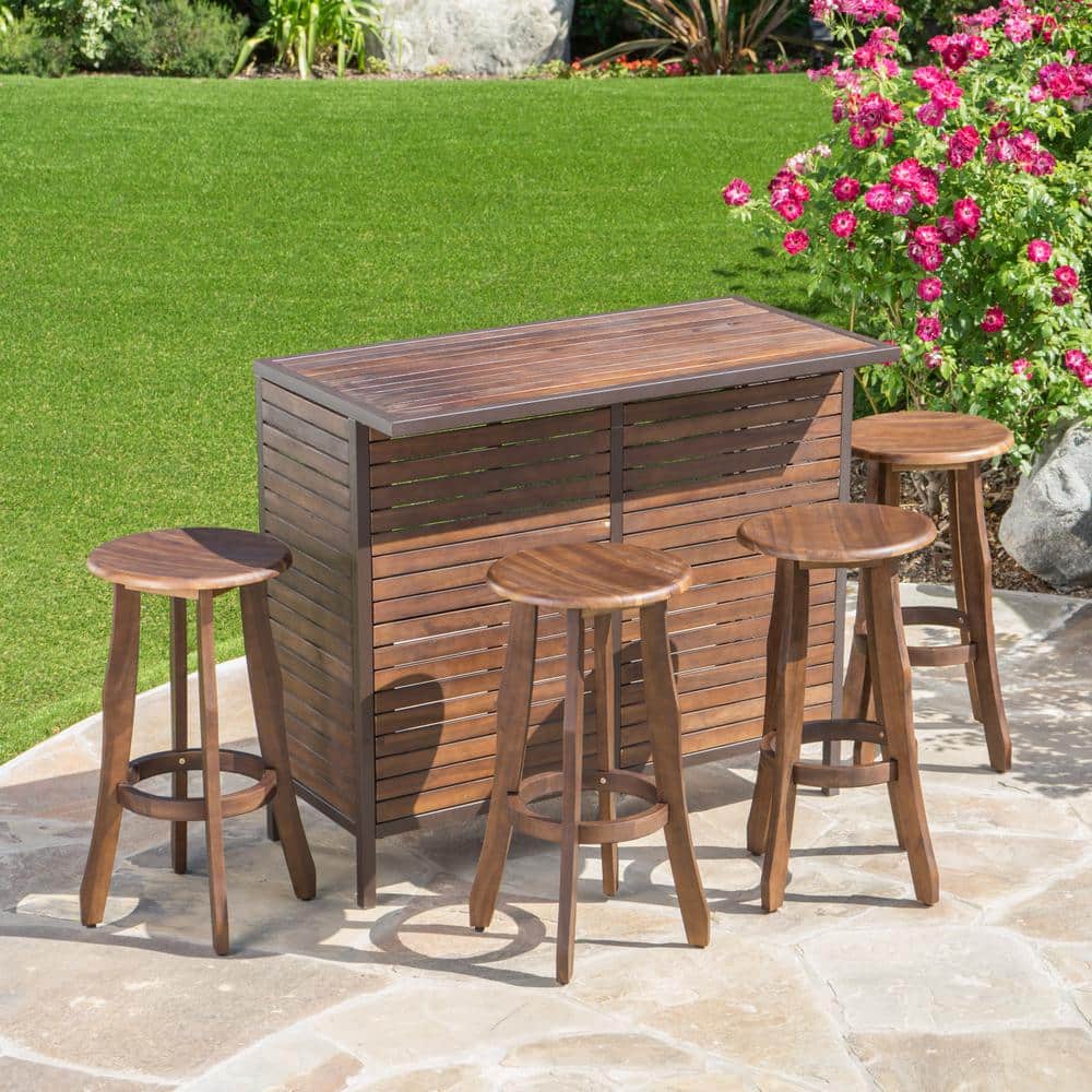 Noble House Pike Dark Brown 5Piece Wood Rectangle 42 in. Outdoor