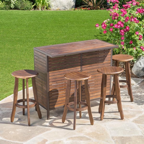 Noble House Pike Dark Brown 5-Piece Wood Rectangle 42 in. Outdoor Patio Serving Bar Set