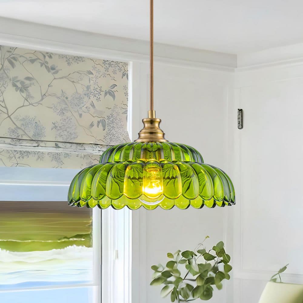 TinHon Brass Green Glass Pendant Light for Kitchen Island Dining