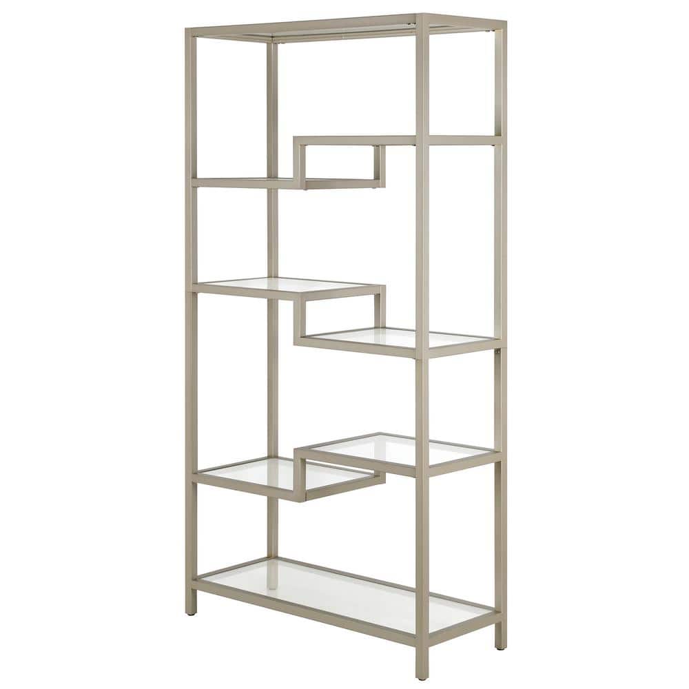 Johann Modern 68" Satin Nickel Metal and Tempered Glass Bookcase